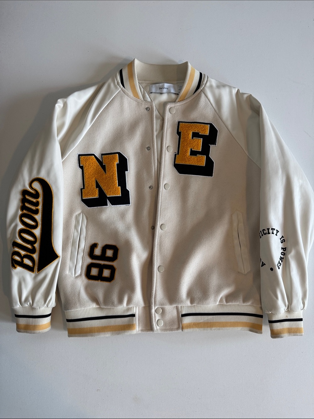 Bershka Cream Varsity Bomber Jacket Yellow Black Patches Size S